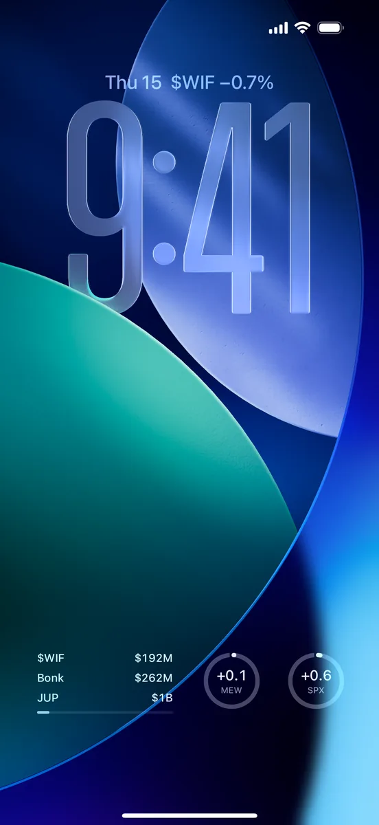 Lock Screen with TagPrice widgets showing $WIF, Bonk and JUP market caps