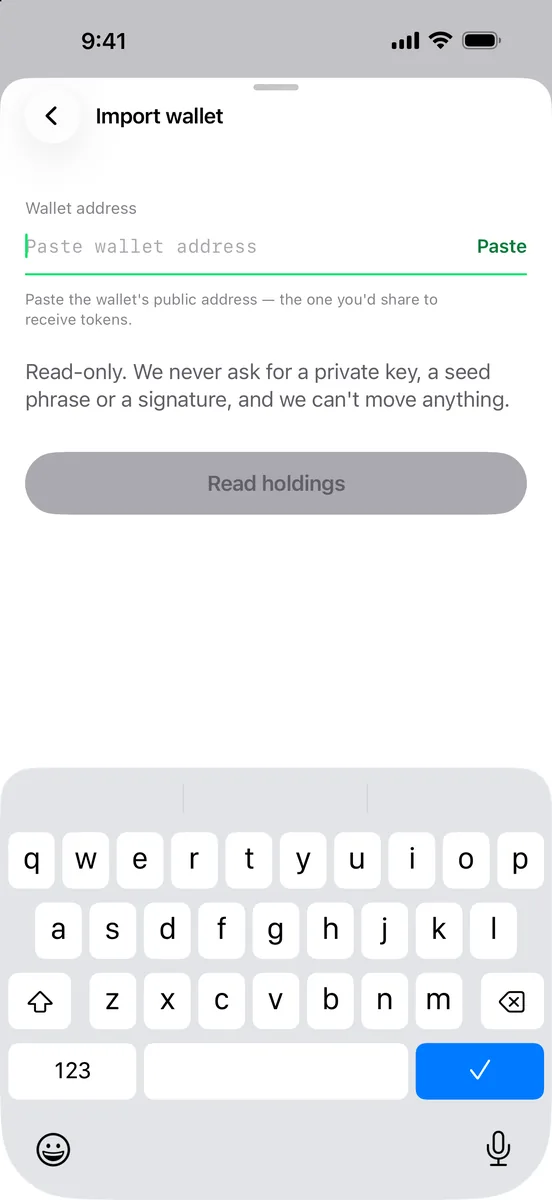 Import wallet screen with a single Solana address field
